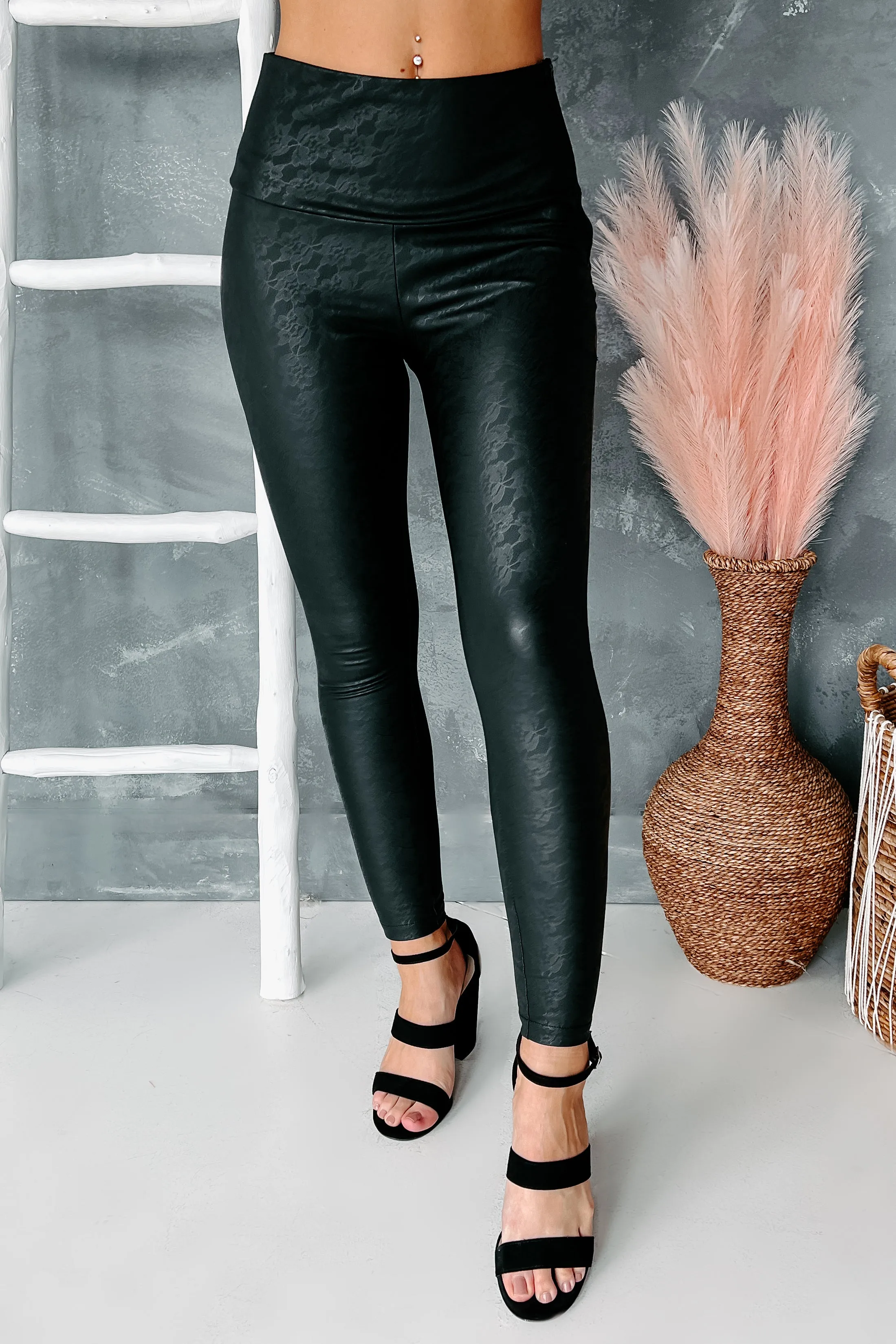 Gorgeously Graceful Faux Leather Lace Leggings (Black)