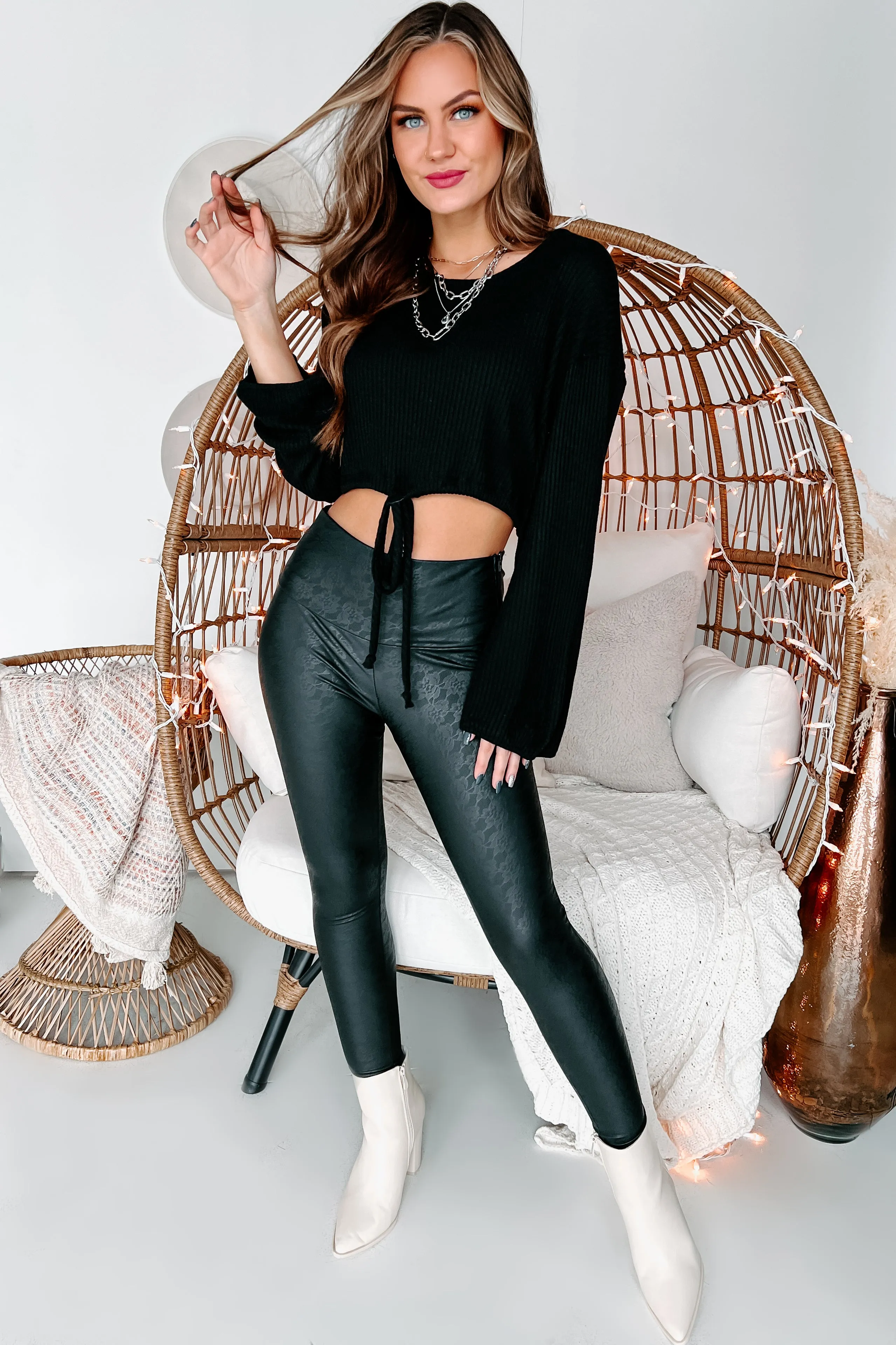 Gorgeously Graceful Faux Leather Lace Leggings (Black)