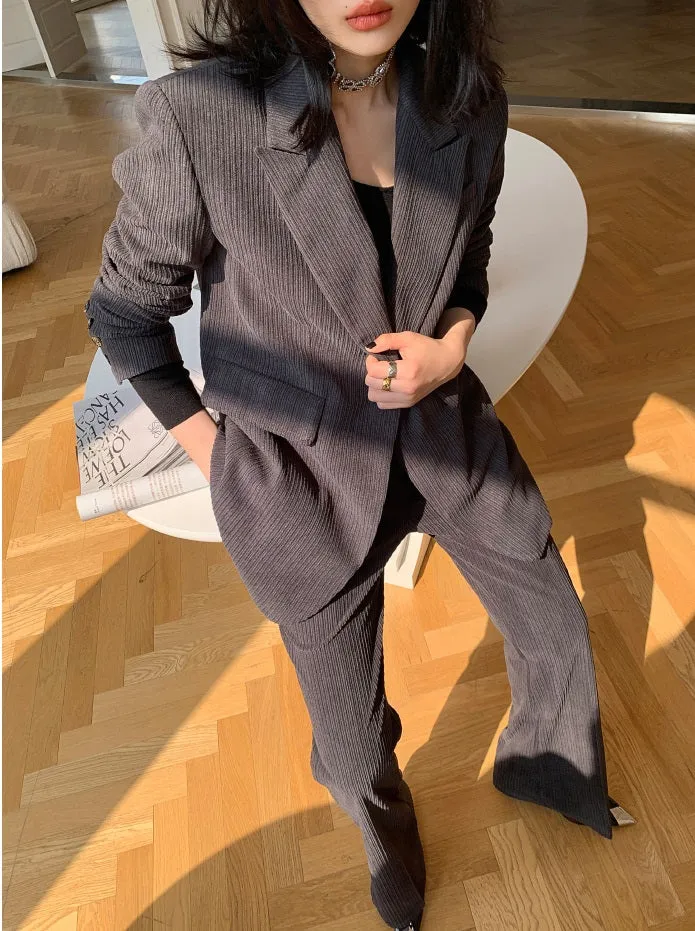 Gray WANXO retro corduroy two-piece suit new suit jacket high waist casual wide leg pants- Orfara