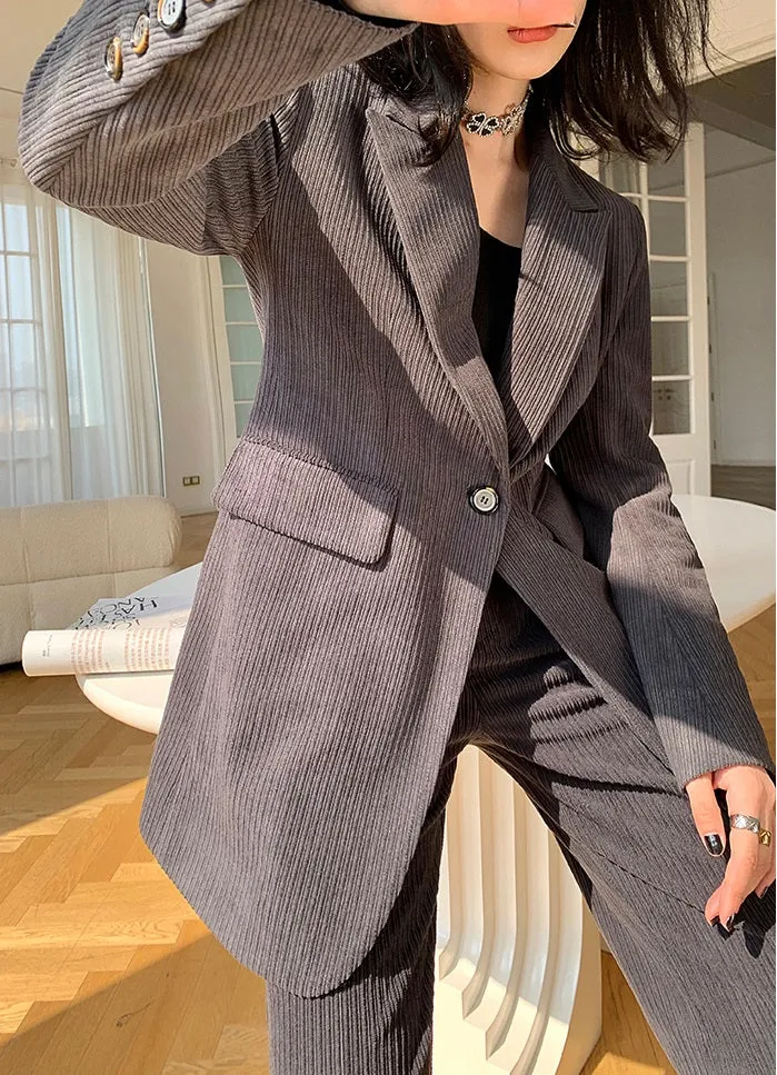 Gray WANXO retro corduroy two-piece suit new suit jacket high waist casual wide leg pants- Orfara