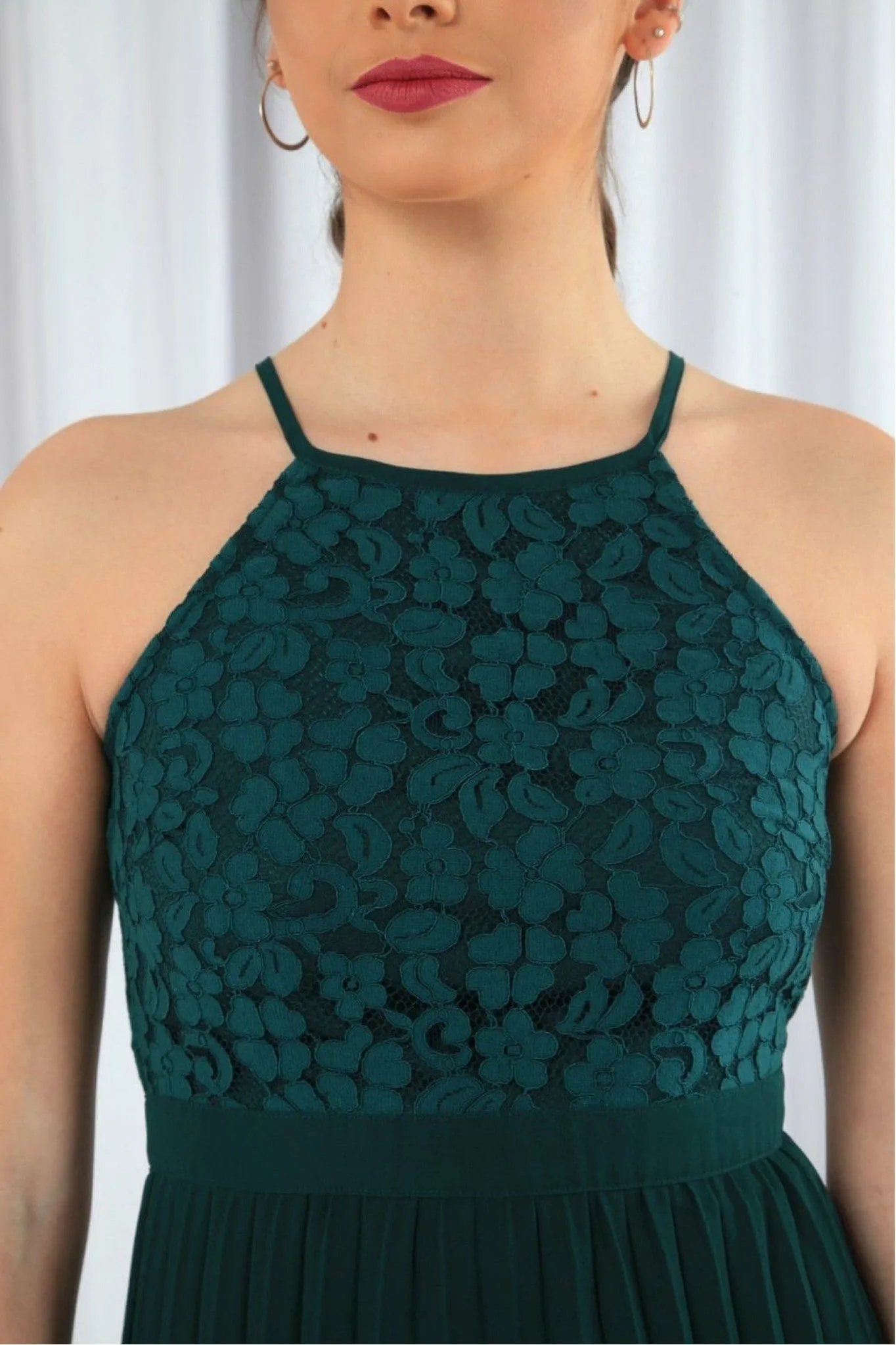 Green Halter Neck Pleated Lace Dress by Double Second