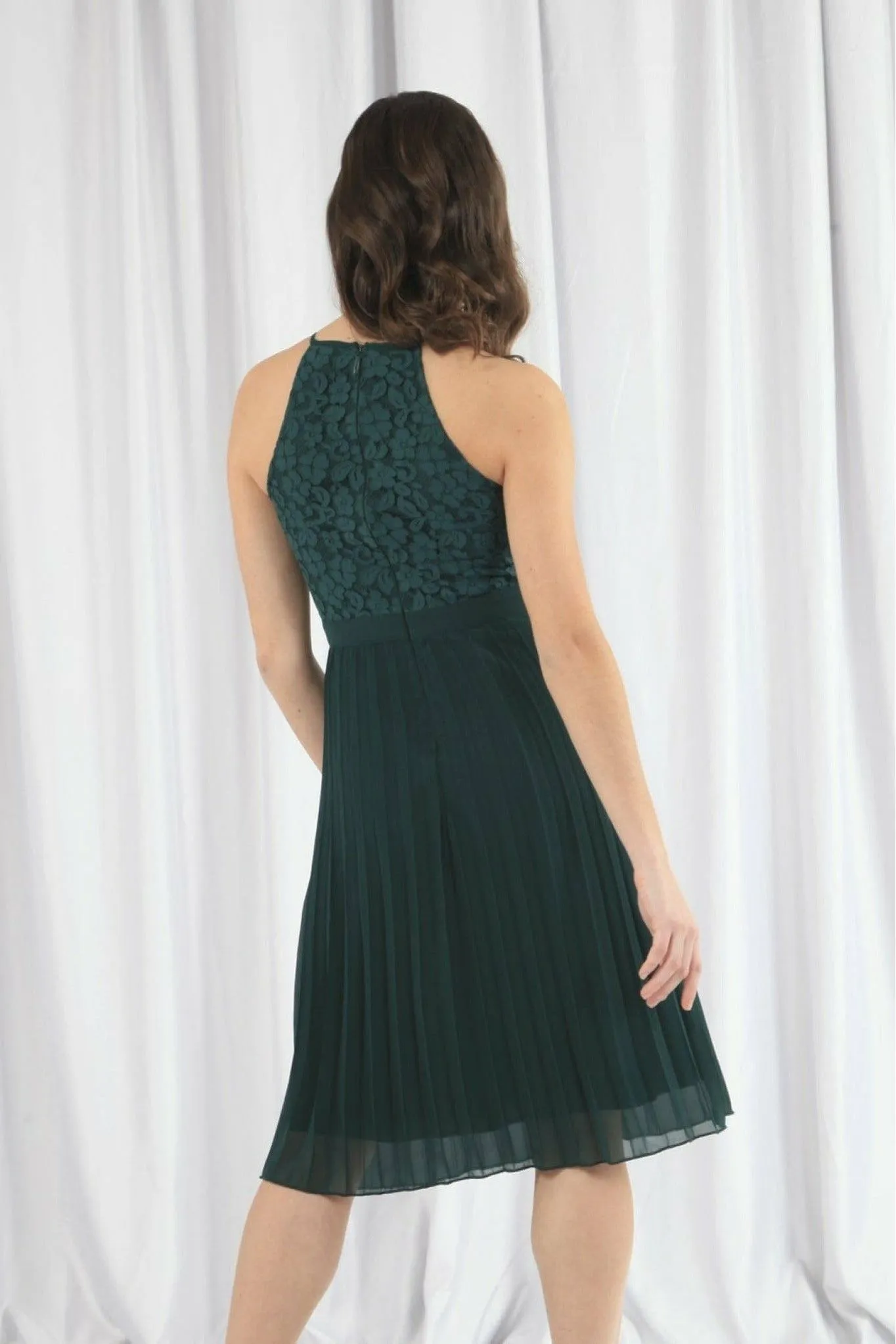 Green Halter Neck Pleated Lace Dress by Double Second