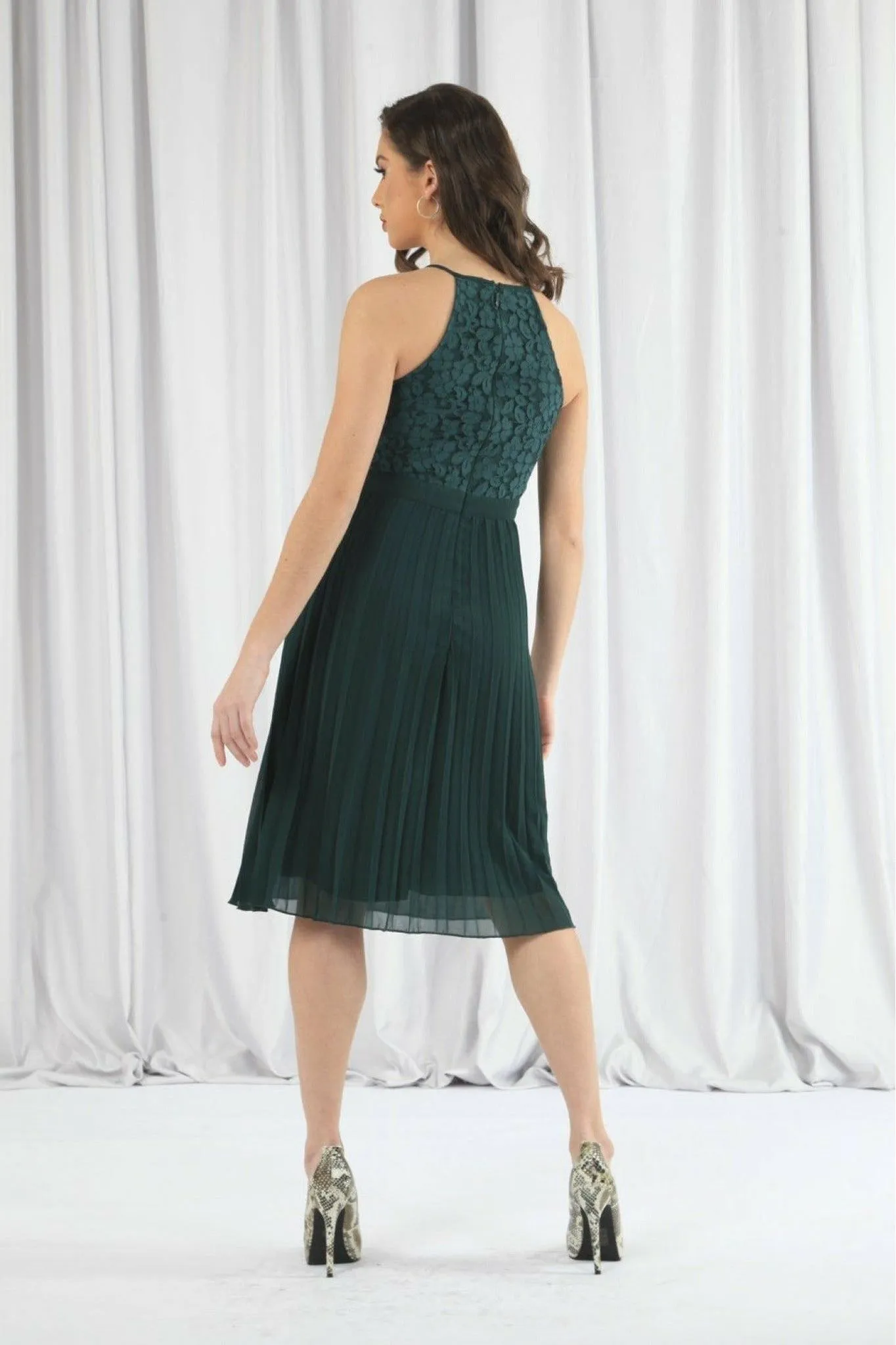 Green Halter Neck Pleated Lace Dress by Double Second