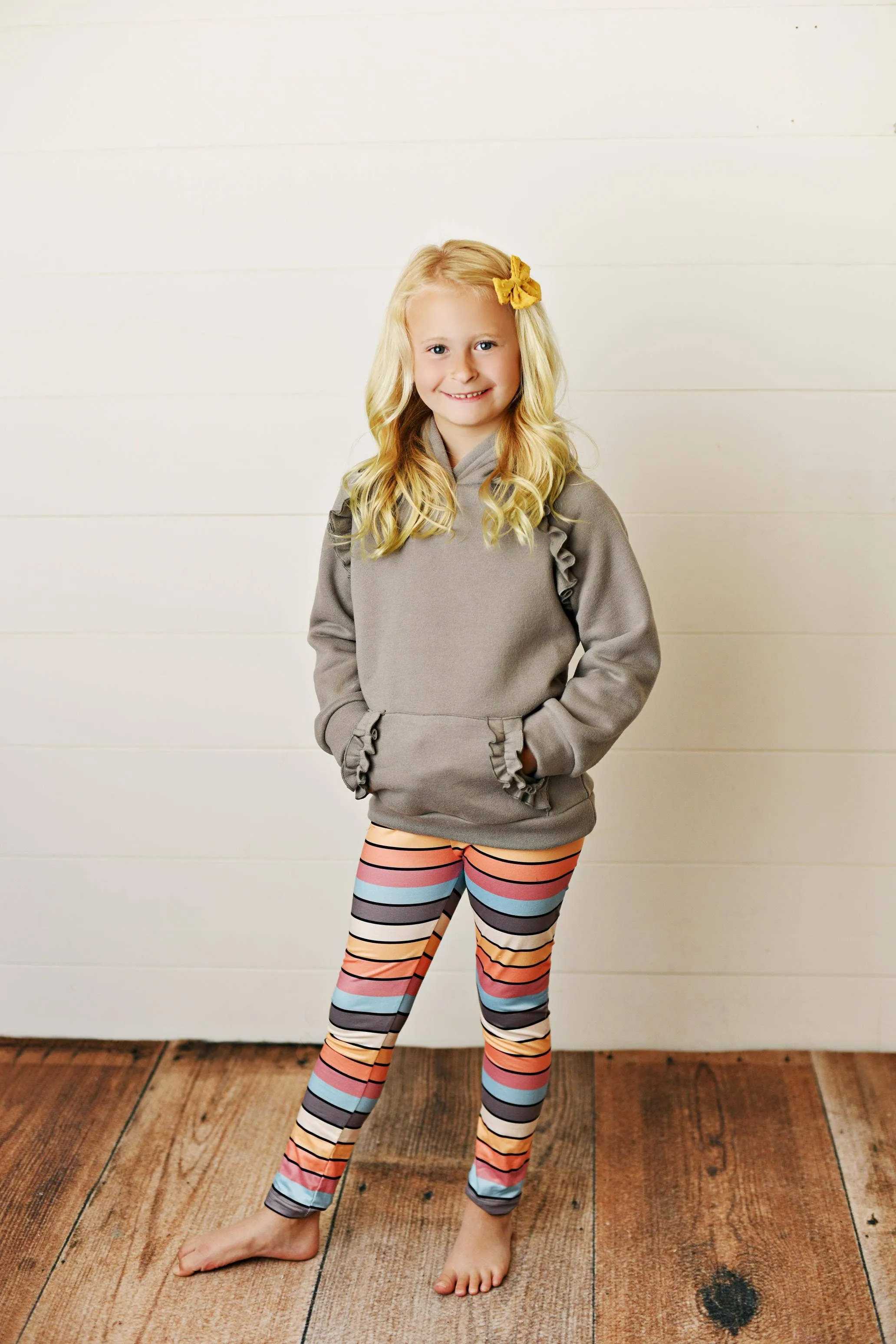 Grey 2pc Ruffle Hoodie and Rainbow Stripe Leggings Fall Set