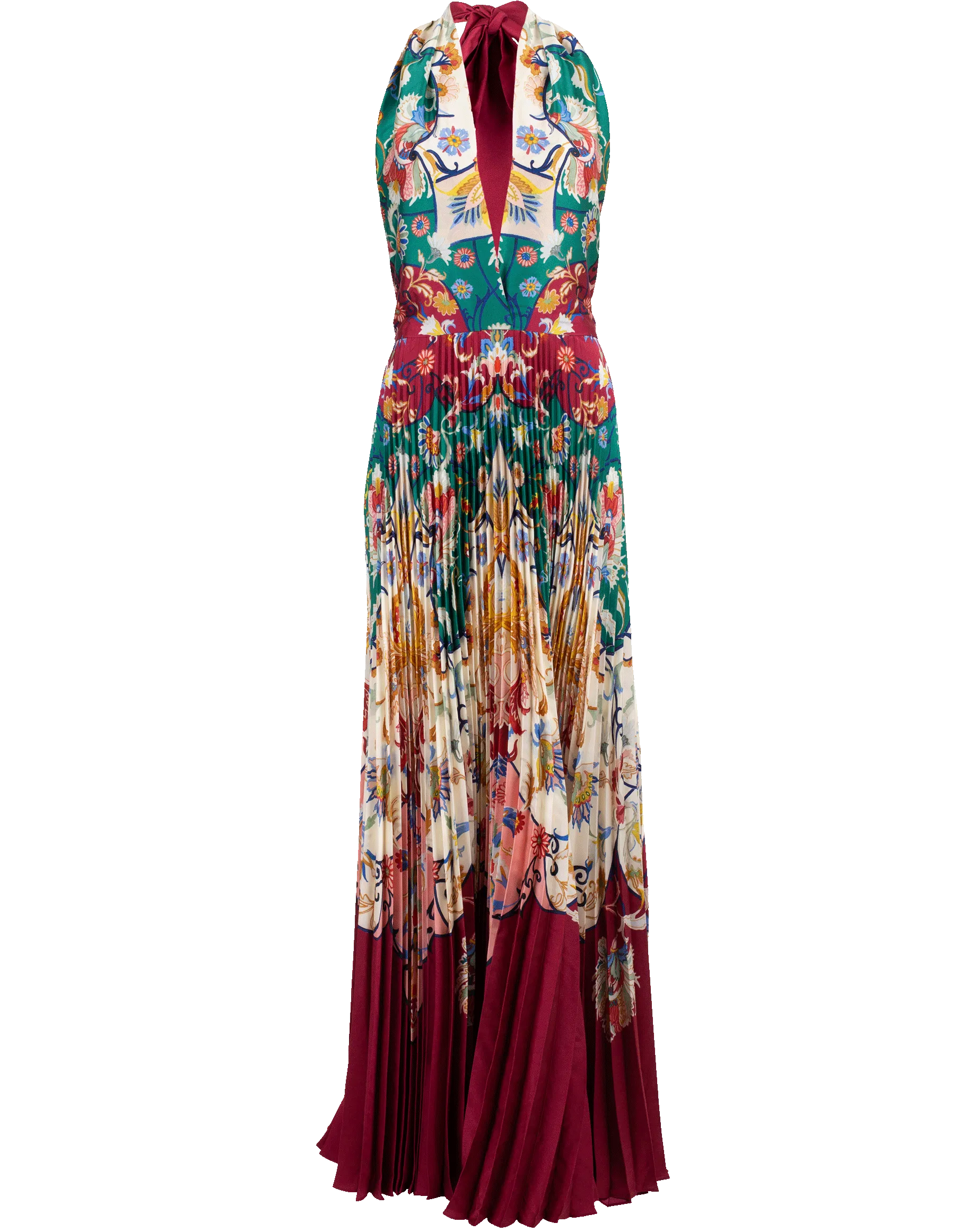 Halter-Neck Paisley Print Pleated Gown