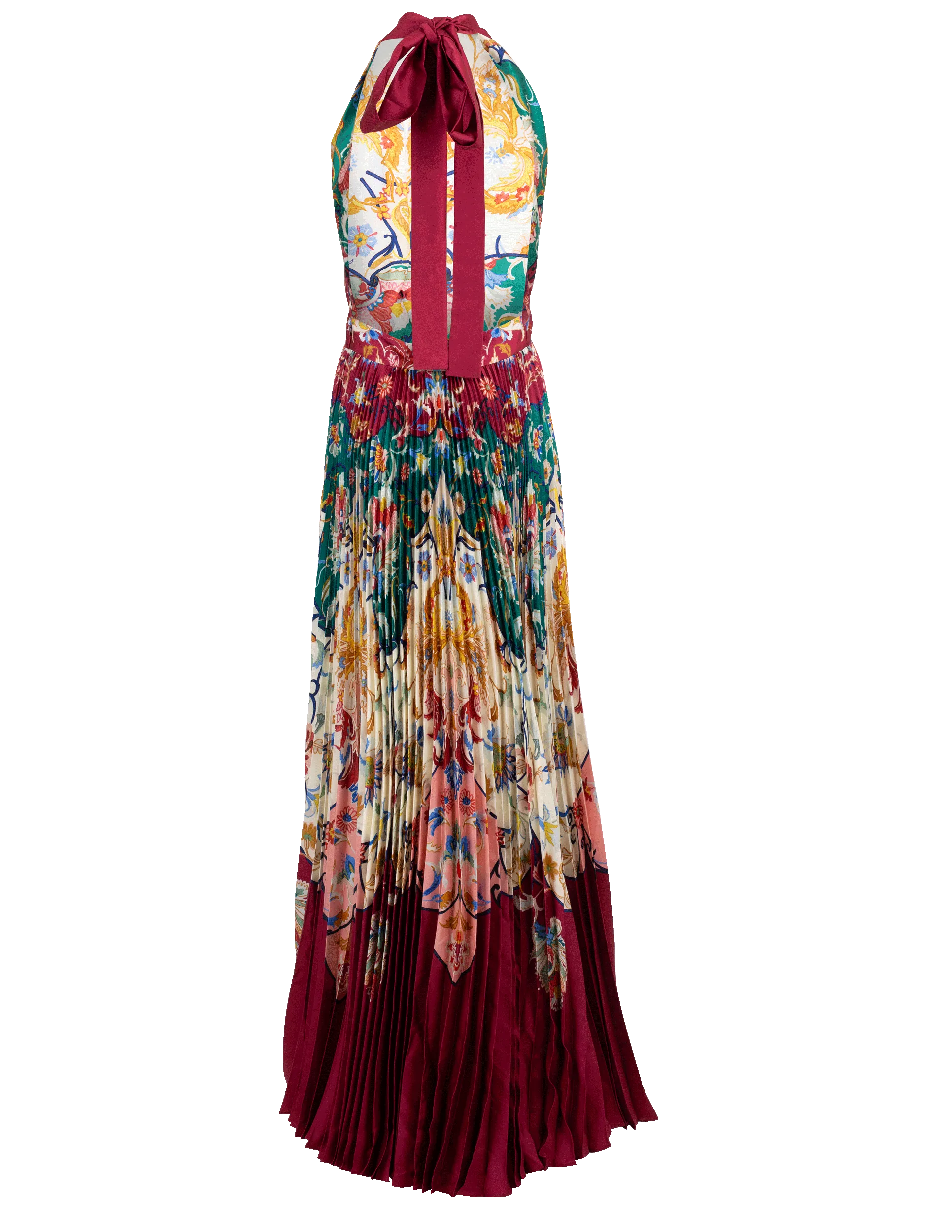 Halter-Neck Paisley Print Pleated Gown