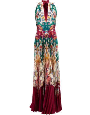 Halter-Neck Paisley Print Pleated Gown