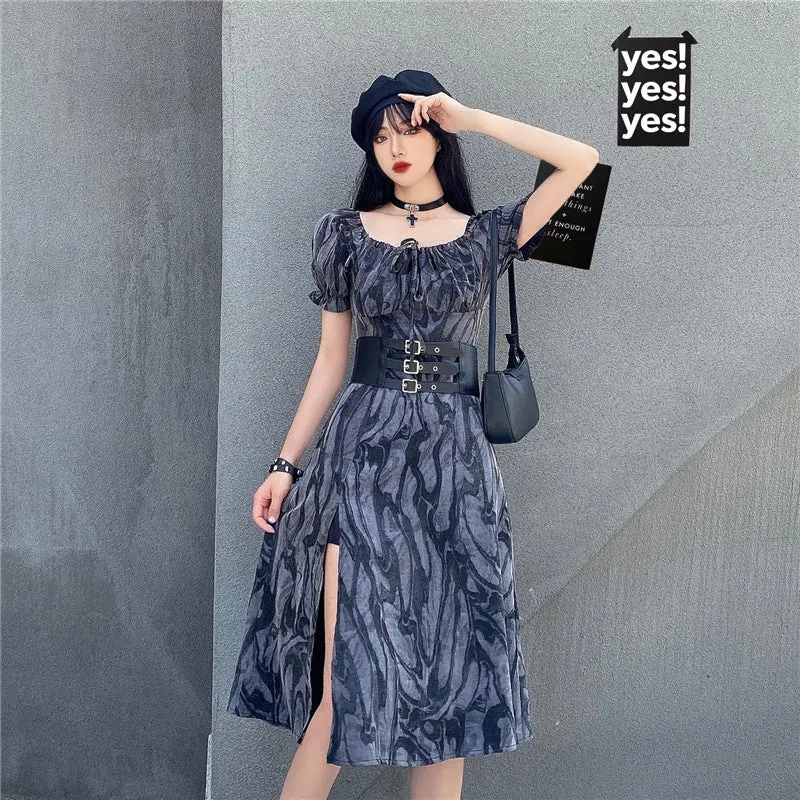 Harajuku style dark gothic cool girl off shoulder split hem tie-dyed ruffled midi dress belt girdle