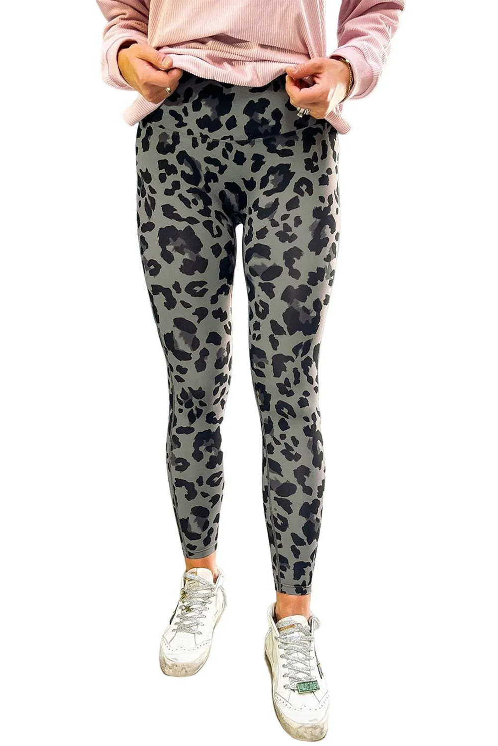 High Waisted Gray and Black Leopard Print Leggings