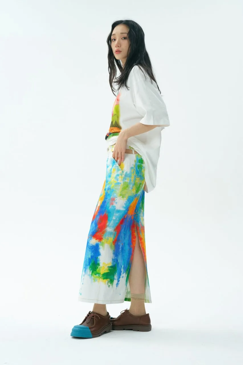 Illustration Full Print Denim Half Body Midi Skirt
