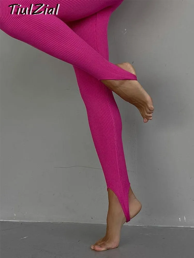 Joskaa Ribbed Knitted Skinny Stretch Leggings Women Autumn Winter Y2K Elastic High Waist Leggings Outfit Stirrup Leggings 2024