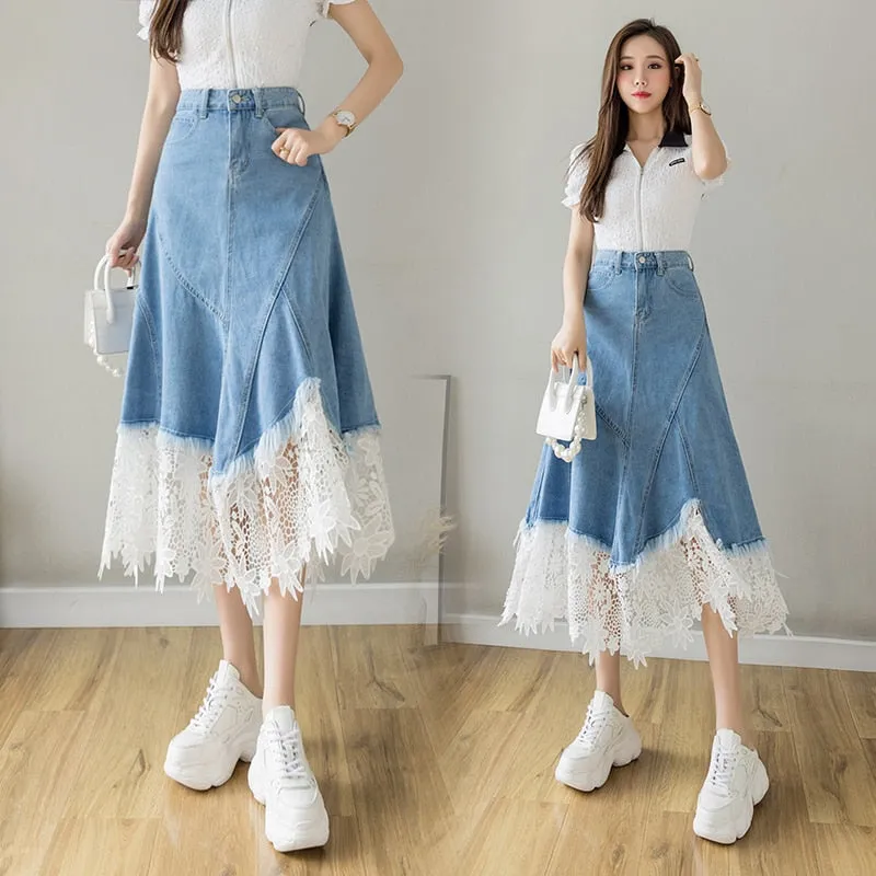 Lace Mid-calf Denim Skirt