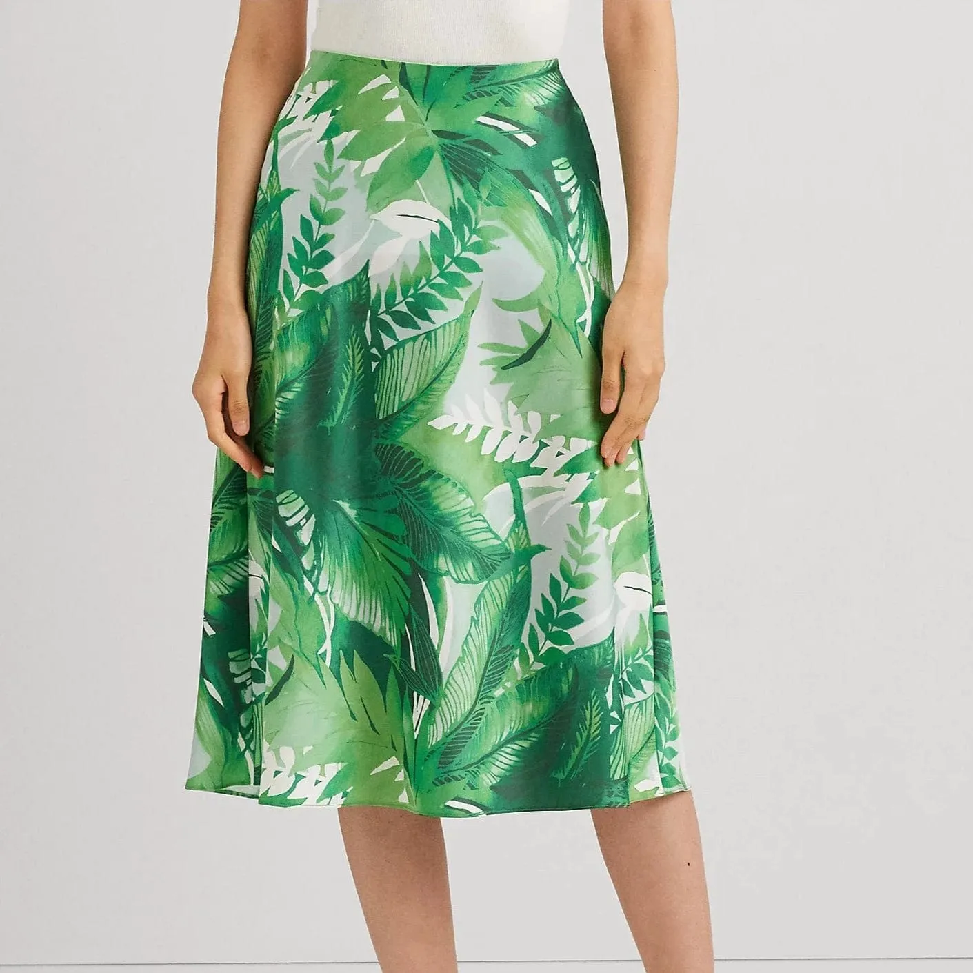 Lauren Ralph Lauren Palm Frond-Print Charmeuse Midi Skirt