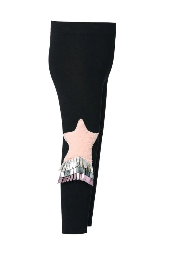 Leggings w/ Faux Fur Star Trims w/ Faux Leather Fringe