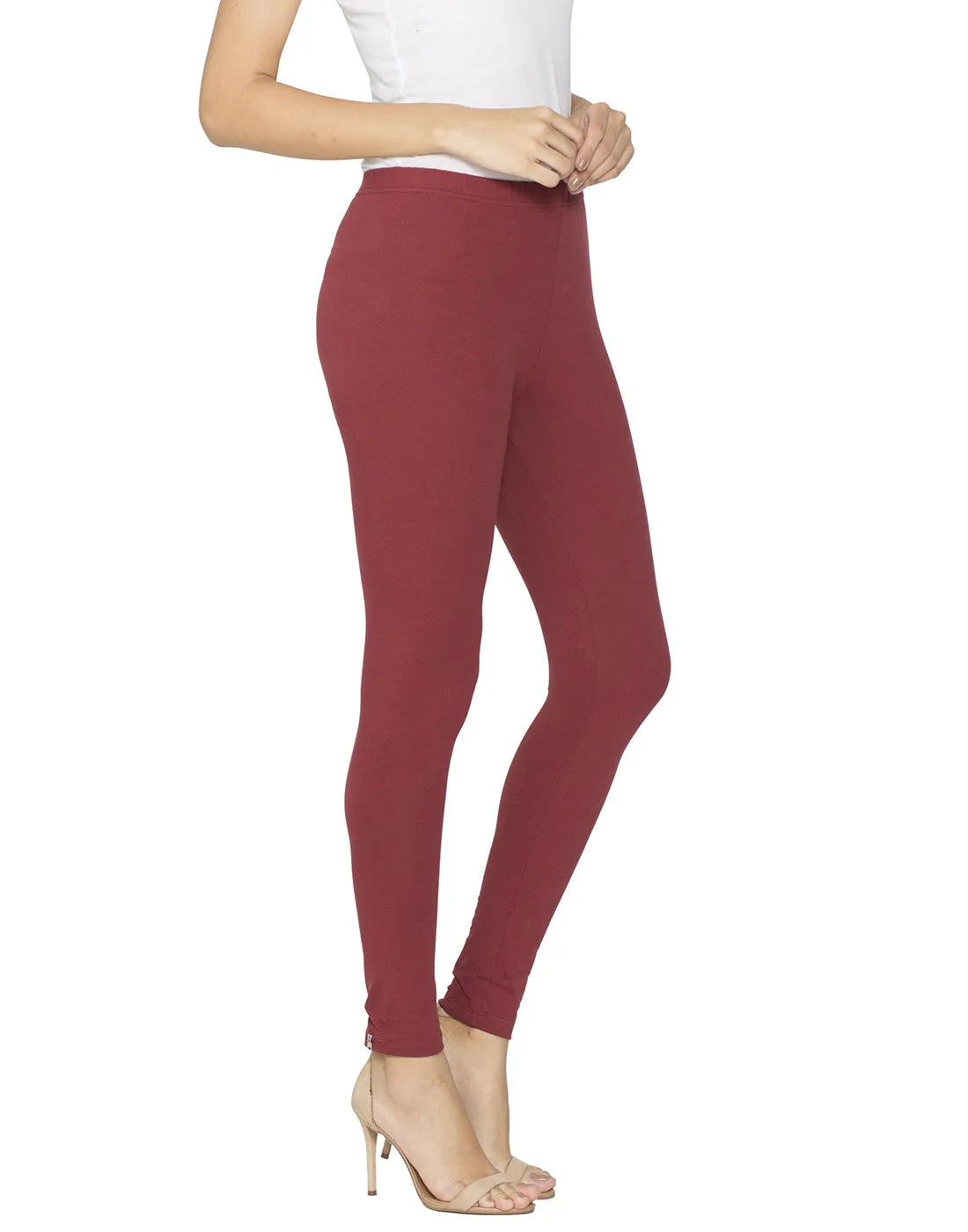 Libertina Maroon Solid Jersey Lycra Ankle Leggings for Women
