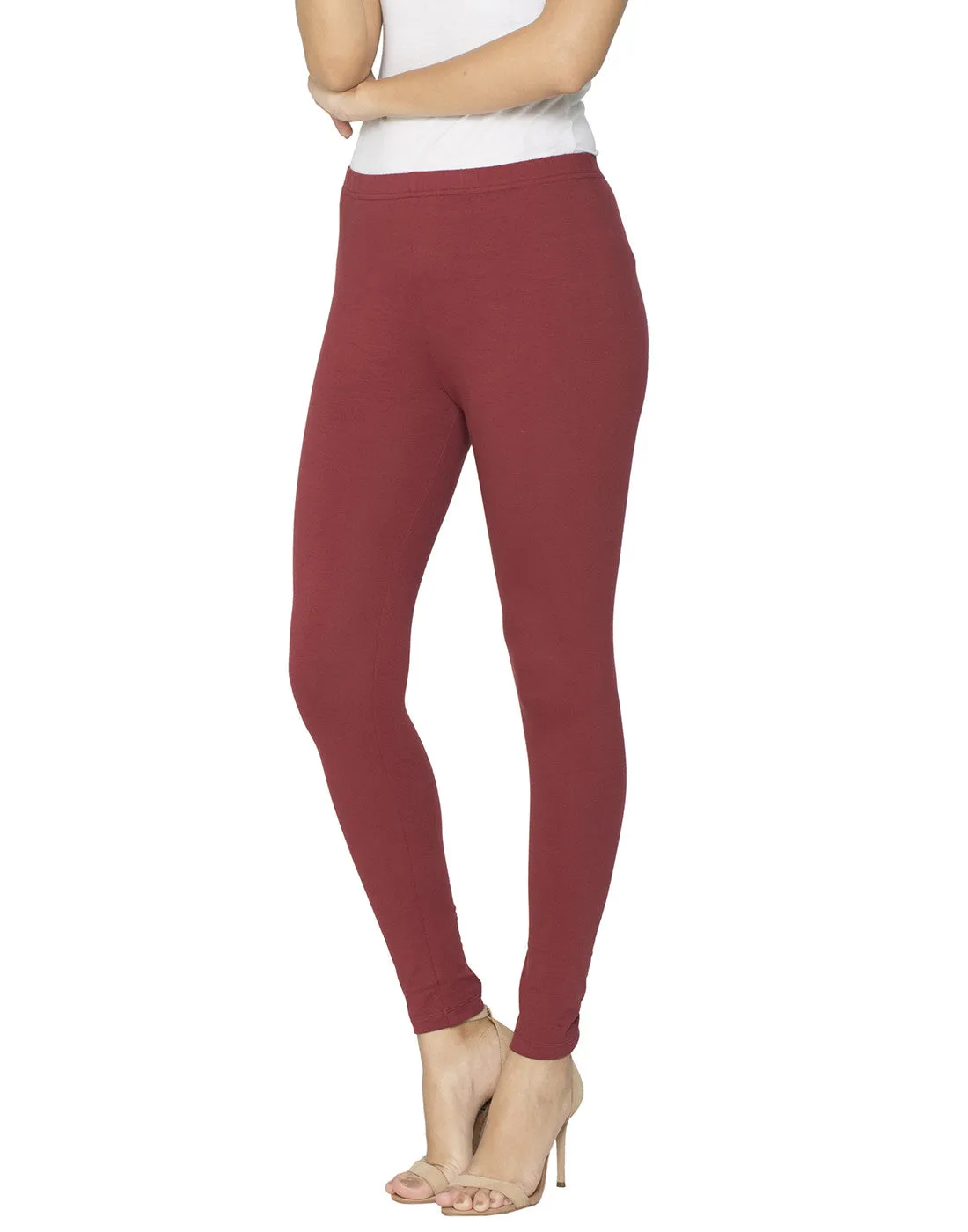 Libertina Maroon Solid Jersey Lycra Ankle Leggings for Women