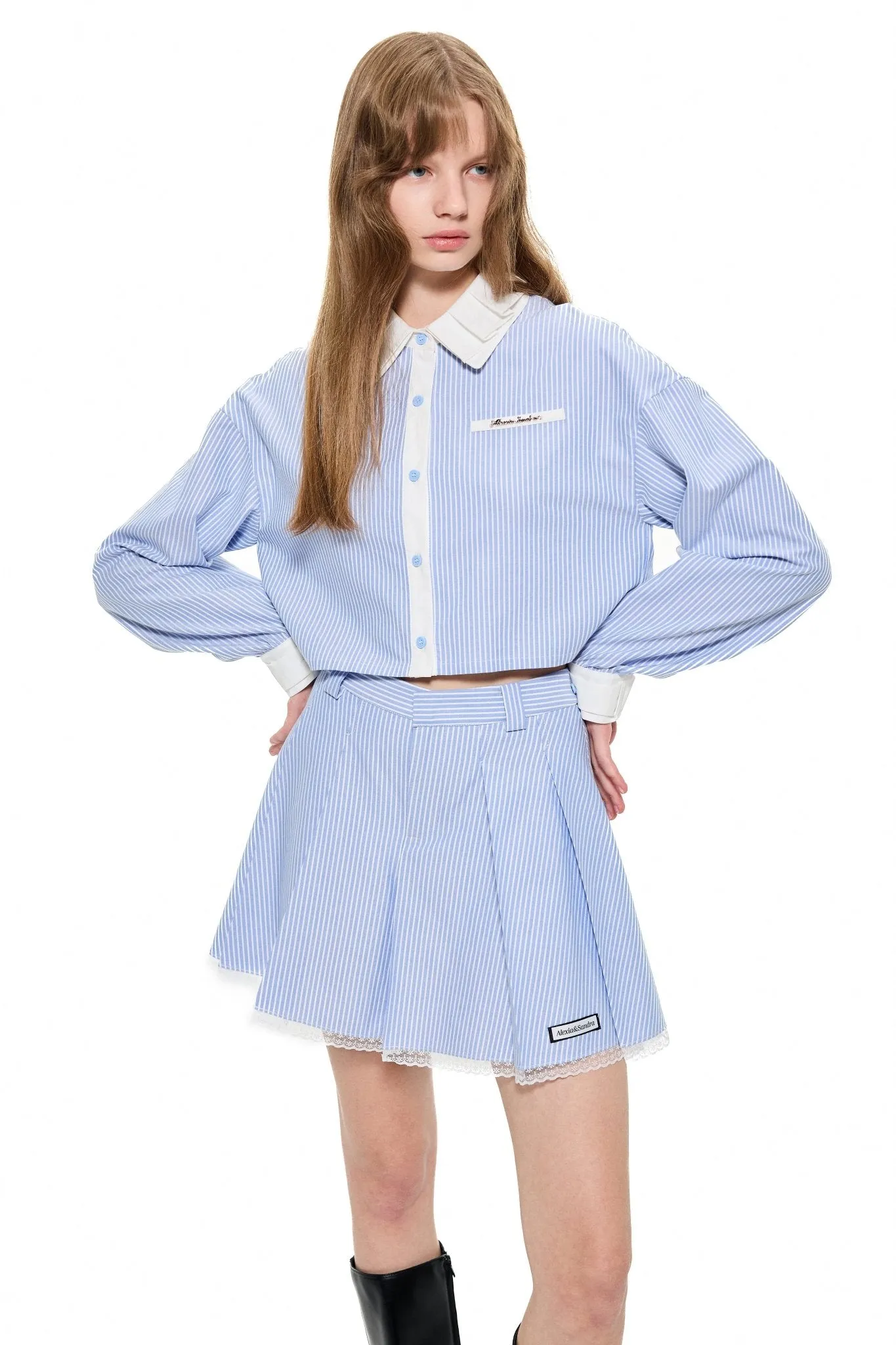 Logo-Patch Stripe Pleated Skirt in Blue