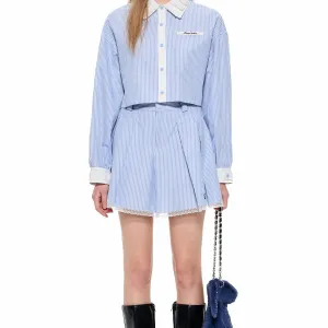 Logo-Patch Stripe Pleated Skirt in Blue