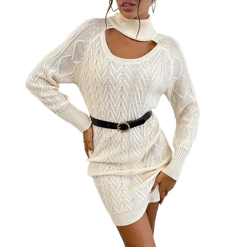 Luna Turtleneck Hollow Solid Color Twist Sweater Dress