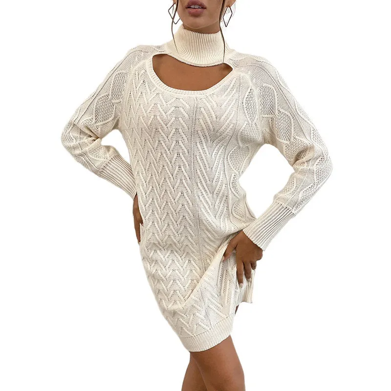 Luna Turtleneck Hollow Solid Color Twist Sweater Dress