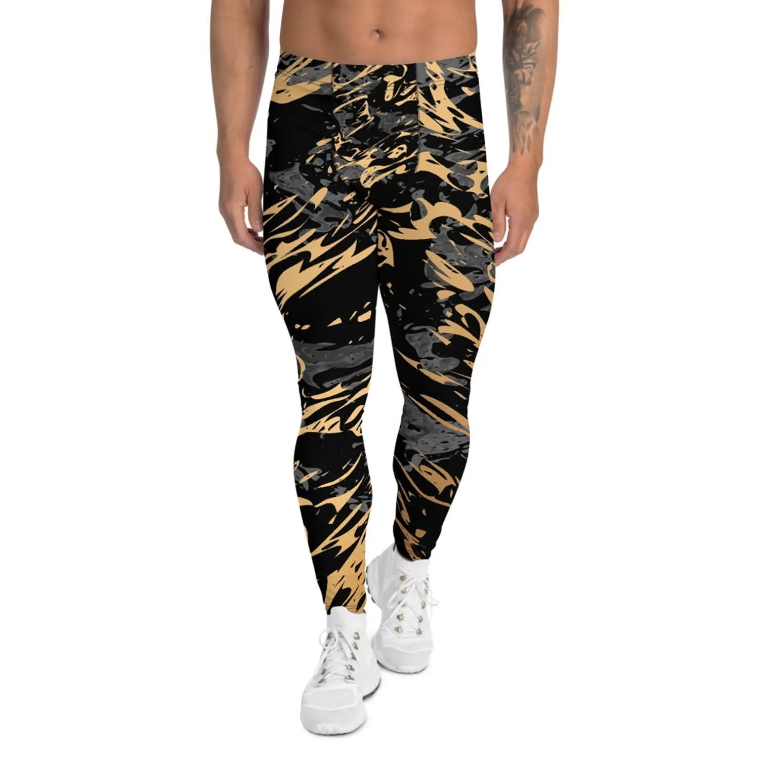 Men's Black Marble Performance Leggings with Gold Highlights