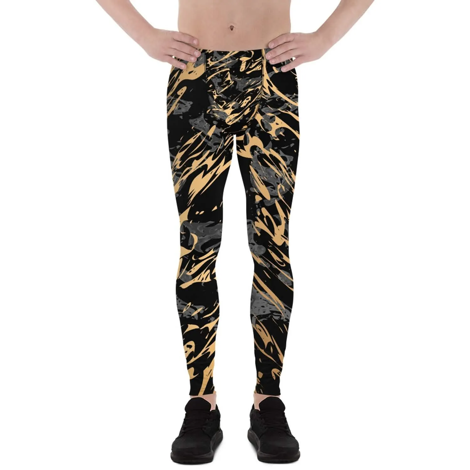 Men's Black Marble Performance Leggings with Gold Highlights