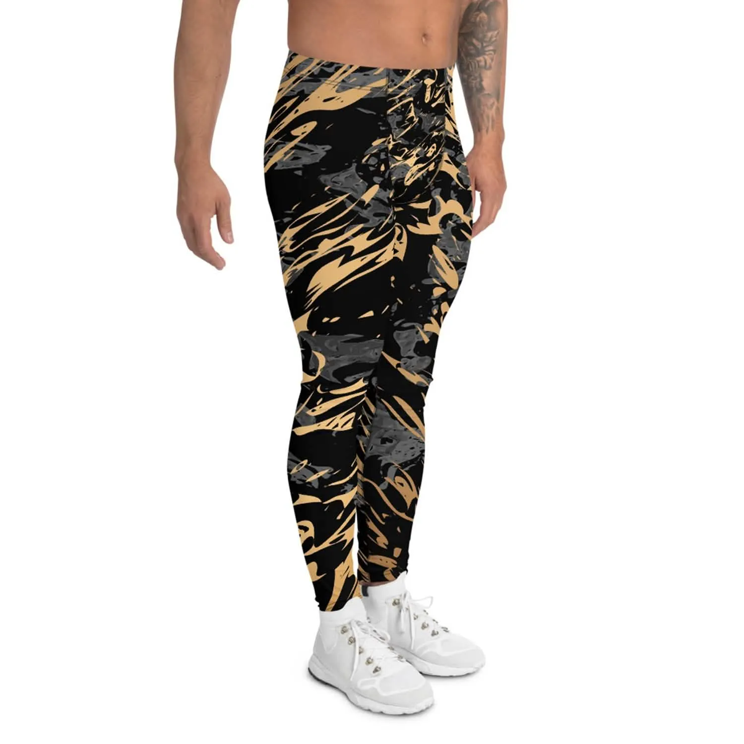 Men's Black Marble Performance Leggings with Gold Highlights