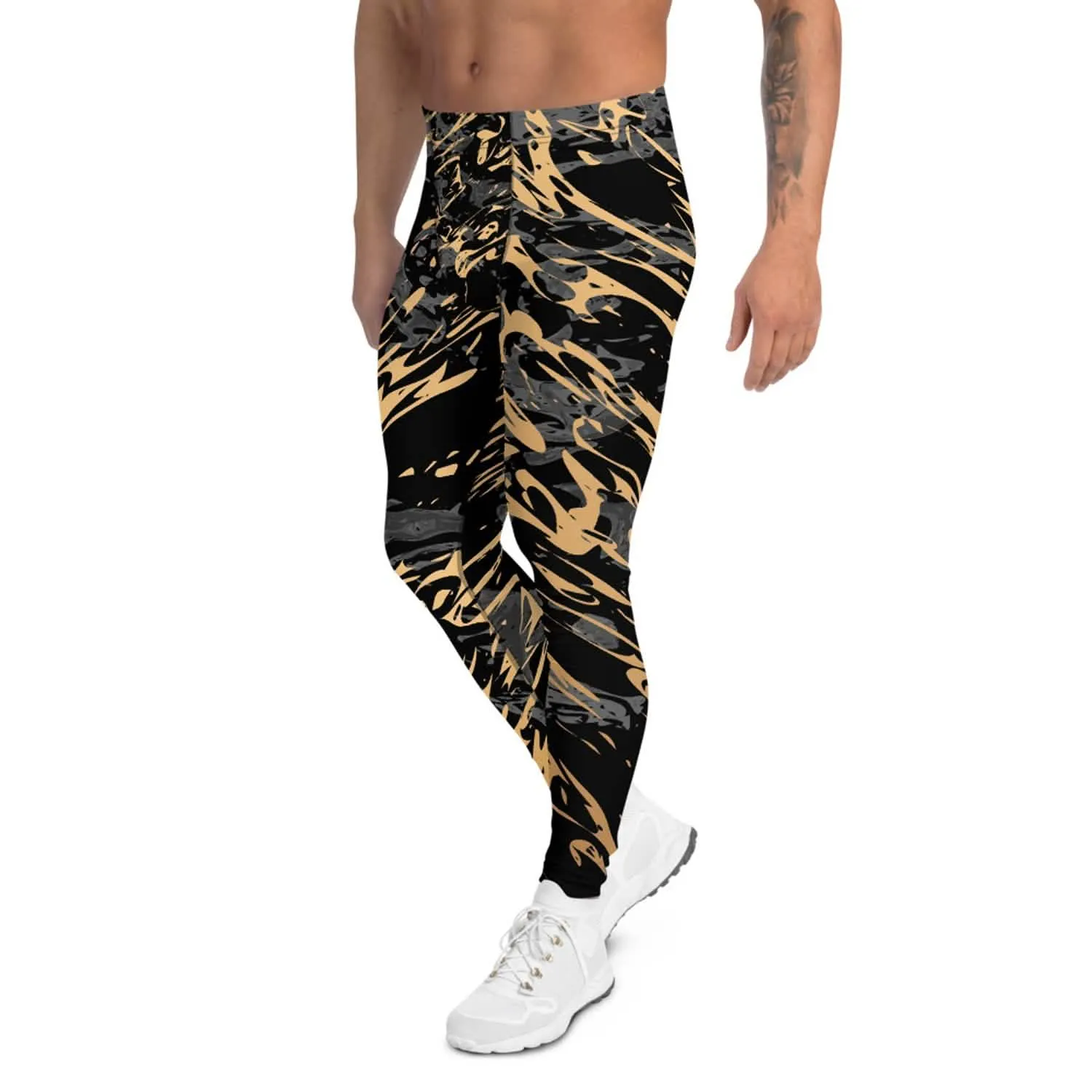 Men's Black Marble Performance Leggings with Gold Highlights
