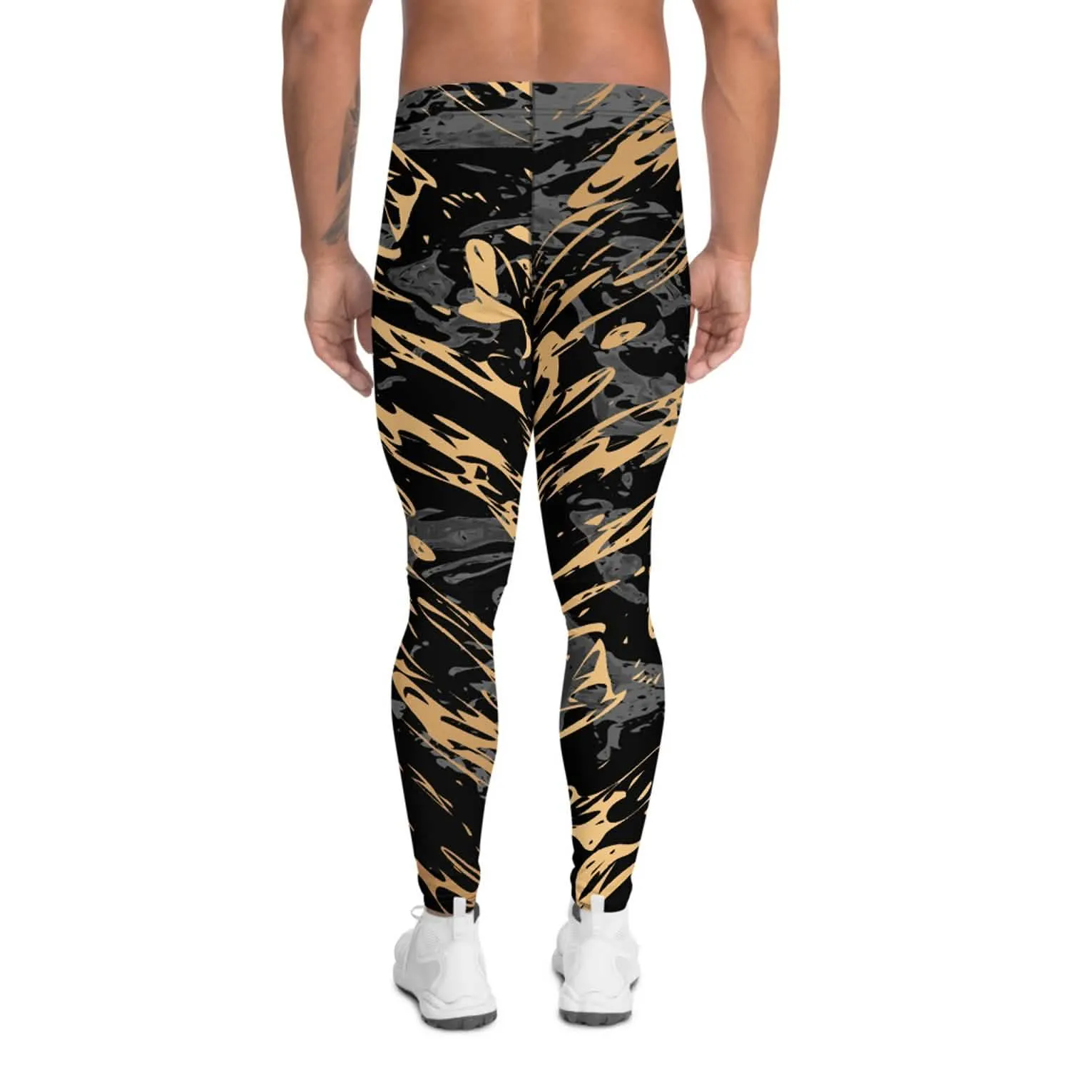 Men's Black Marble Performance Leggings with Gold Highlights