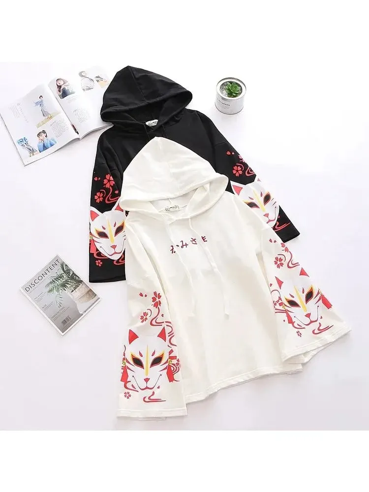Metaversmall Black Letter Embroidery Cartoon Print Women Hoodies Autumn Flare Sleeve Drawstring Hooded Sweatshirts Ladies Korean Tops