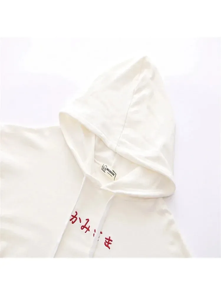 Metaversmall Black Letter Embroidery Cartoon Print Women Hoodies Autumn Flare Sleeve Drawstring Hooded Sweatshirts Ladies Korean Tops