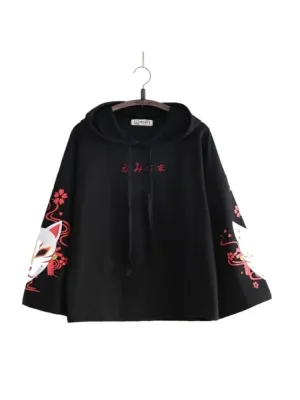 Metaversmall Black Letter Embroidery Cartoon Print Women Hoodies Autumn Flare Sleeve Drawstring Hooded Sweatshirts Ladies Korean Tops