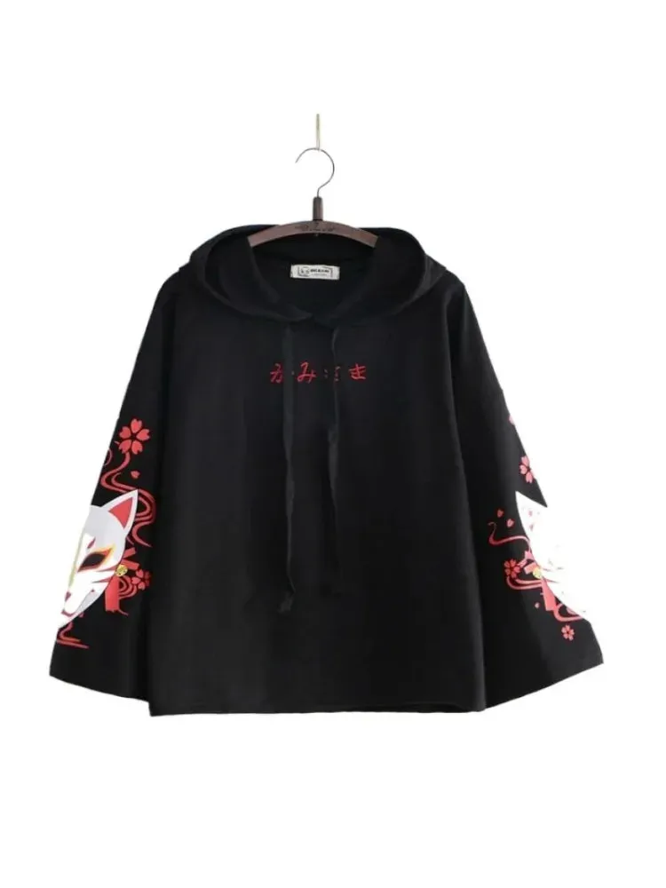 Metaversmall Black Letter Embroidery Cartoon Print Women Hoodies Autumn Flare Sleeve Drawstring Hooded Sweatshirts Ladies Korean Tops