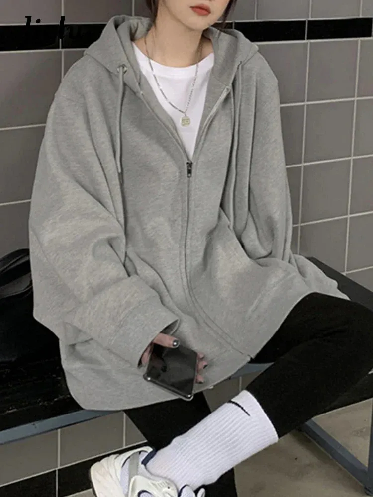 Metaversmall Grey Autumn Zip-up Basic Women's Sweatshirts Solid Color Drawstring Pockets Loose Simple Female Hoodies Office Ladies