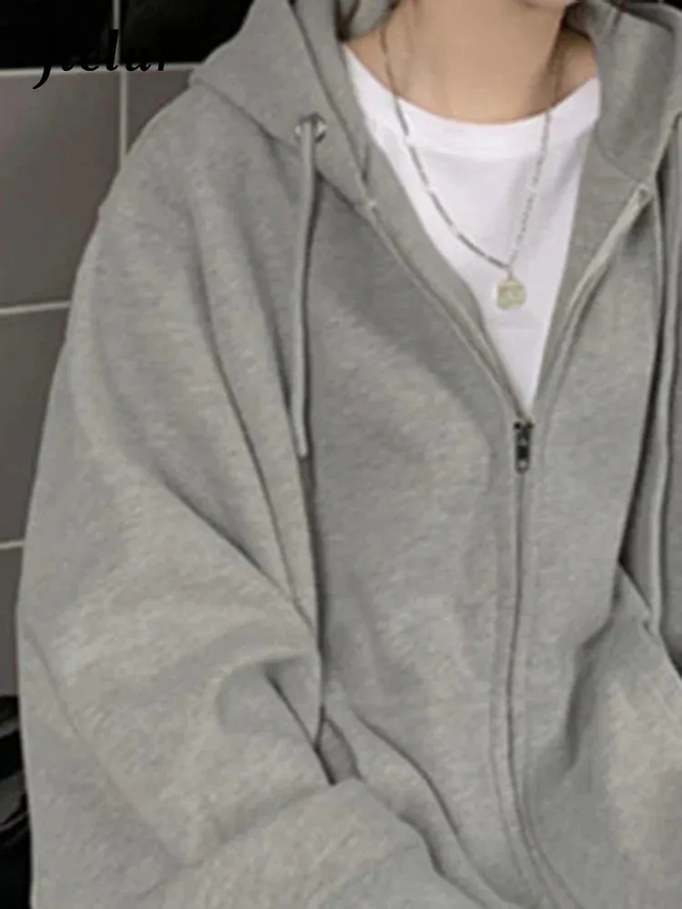 Metaversmall Grey Autumn Zip-up Basic Women's Sweatshirts Solid Color Drawstring Pockets Loose Simple Female Hoodies Office Ladies