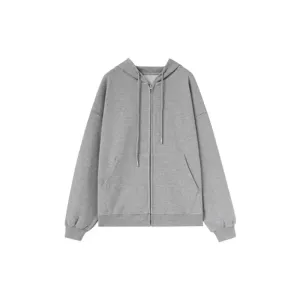Metaversmall Grey Autumn Zip-up Basic Women's Sweatshirts Solid Color Drawstring Pockets Loose Simple Female Hoodies Office Ladies