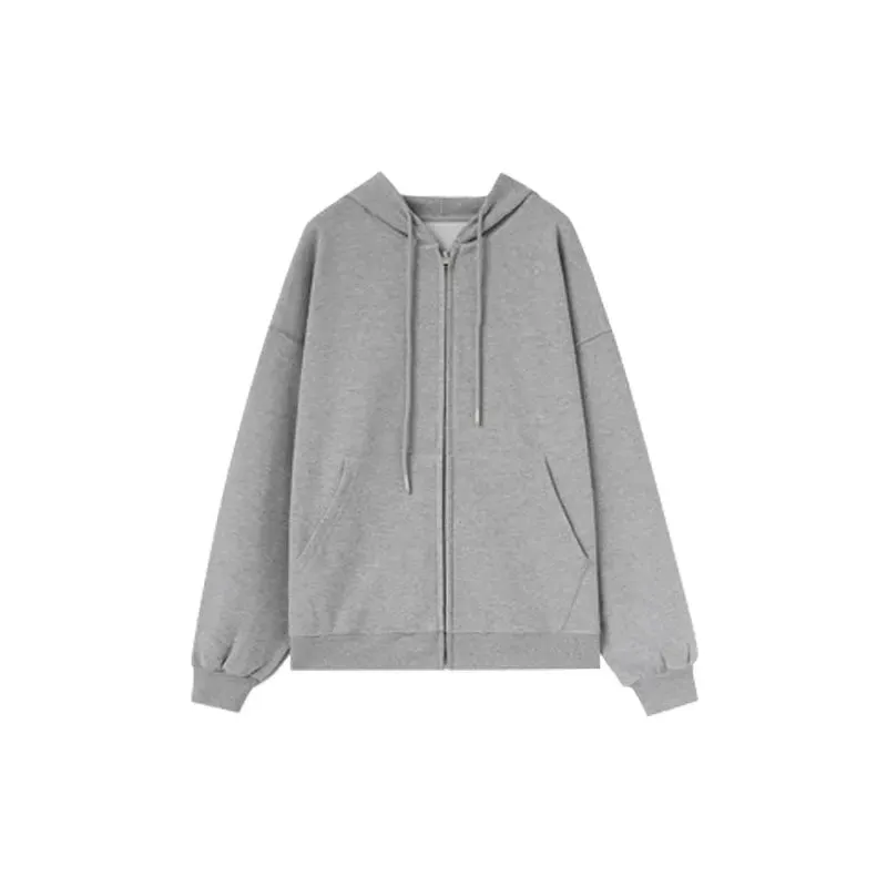 Metaversmall Grey Autumn Zip-up Basic Women's Sweatshirts Solid Color Drawstring Pockets Loose Simple Female Hoodies Office Ladies
