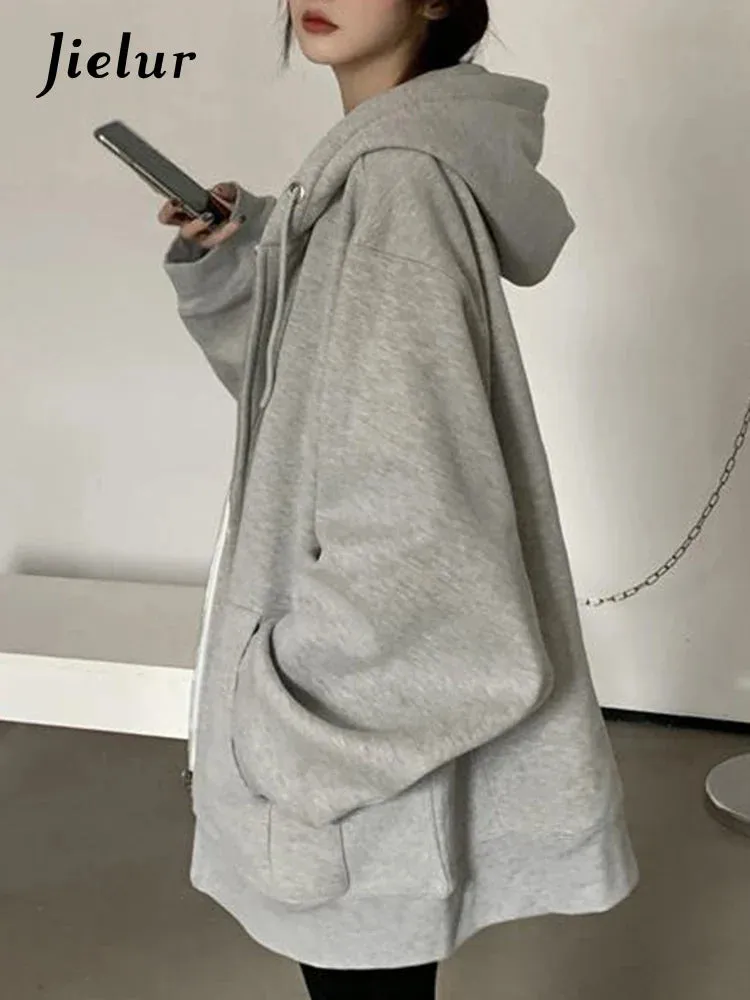 Metaversmall Grey Autumn Zip-up Basic Women's Sweatshirts Solid Color Drawstring Pockets Loose Simple Female Hoodies Office Ladies