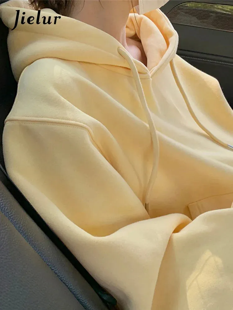 Metaversmall Korean Style Pure Color Casual Female Sweatshirt Autumn Sweet Streetwear Hooded Chic Pockets Simple Women's Sweatshirts