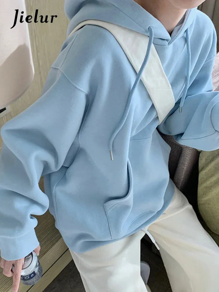 Metaversmall Korean Style Pure Color Casual Female Sweatshirt Autumn Sweet Streetwear Hooded Chic Pockets Simple Women's Sweatshirts
