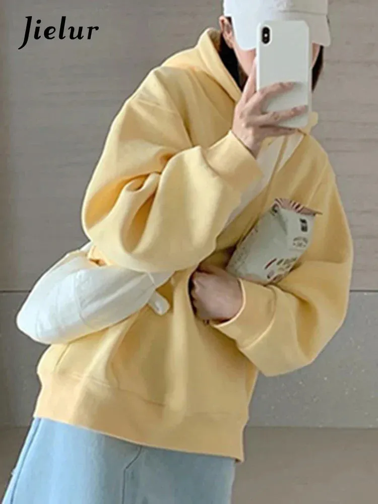 Metaversmall Korean Style Pure Color Casual Female Sweatshirt Autumn Sweet Streetwear Hooded Chic Pockets Simple Women's Sweatshirts