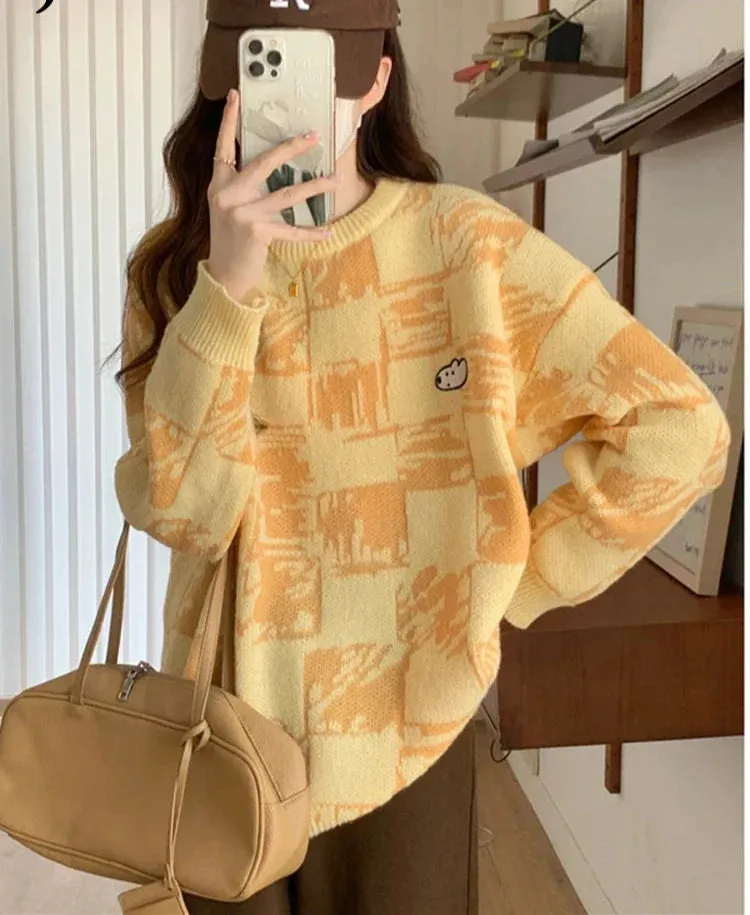 Metaversmall Thickened Embroidery Cartoon Plaid Sweater Women Autumn Winter Japanese Preppy Style Soft Women Top Blue Yellow Pullover