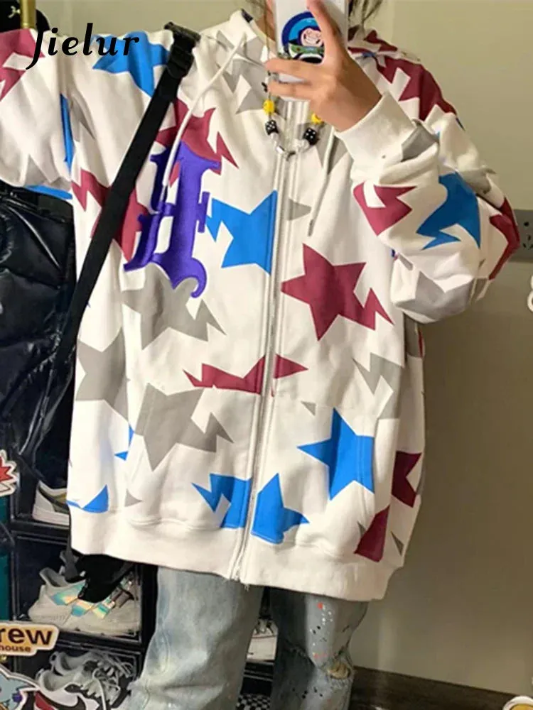 Metaversmall White Star Printing Spell Color Hoodies Winter Fashion Zip-up Casual Streetwear Drawstring Pockets Simple Women's Hoodie