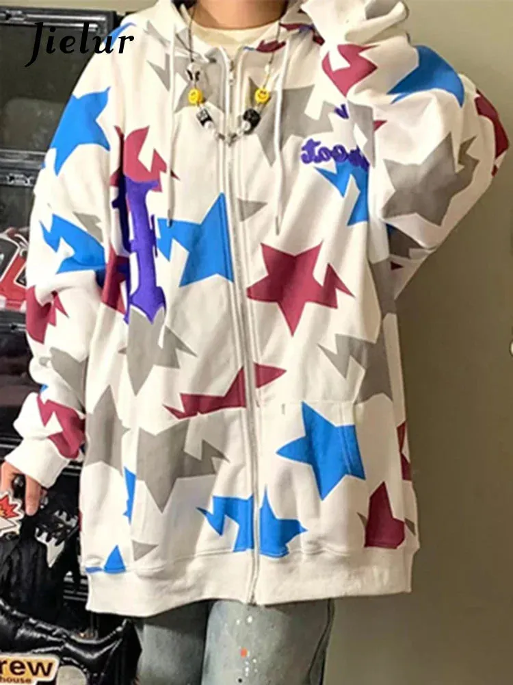 Metaversmall White Star Printing Spell Color Hoodies Winter Fashion Zip-up Casual Streetwear Drawstring Pockets Simple Women's Hoodie