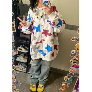 Metaversmall White Star Printing Spell Color Hoodies Winter Fashion Zip-up Casual Streetwear Drawstring Pockets Simple Women's Hoodie