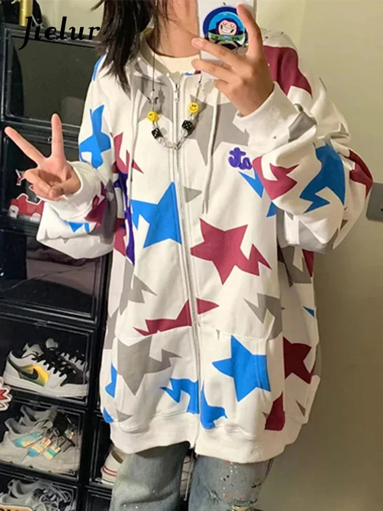 Metaversmall White Star Printing Spell Color Hoodies Winter Fashion Zip-up Casual Streetwear Drawstring Pockets Simple Women's Hoodie