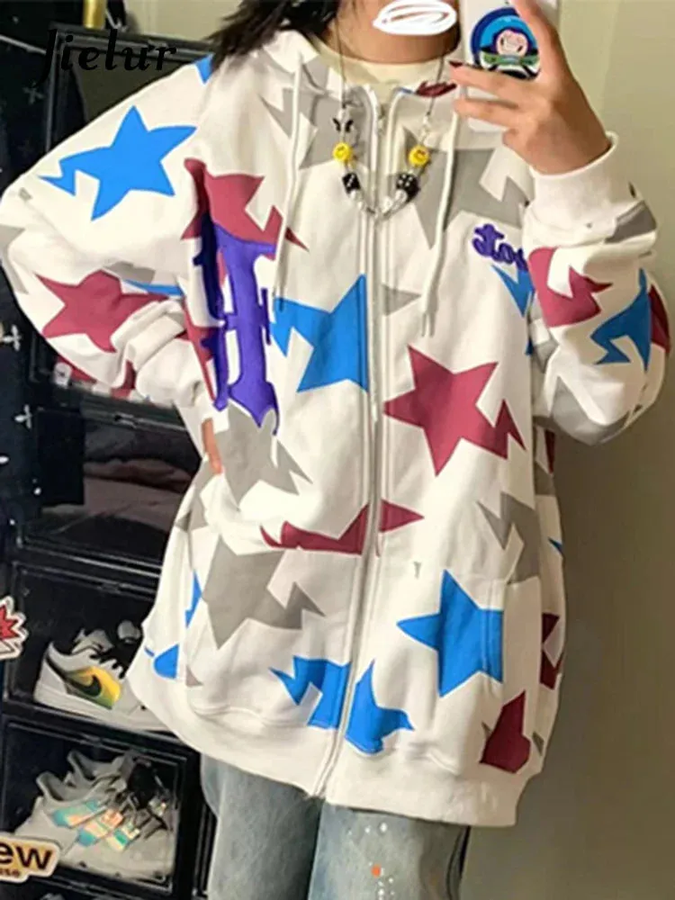 Metaversmall White Star Printing Spell Color Hoodies Winter Fashion Zip-up Casual Streetwear Drawstring Pockets Simple Women's Hoodie