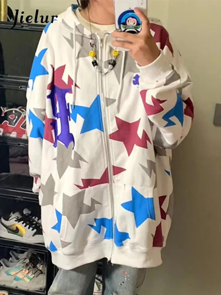 Metaversmall White Star Printing Spell Color Hoodies Winter Fashion Zip-up Casual Streetwear Drawstring Pockets Simple Women's Hoodie