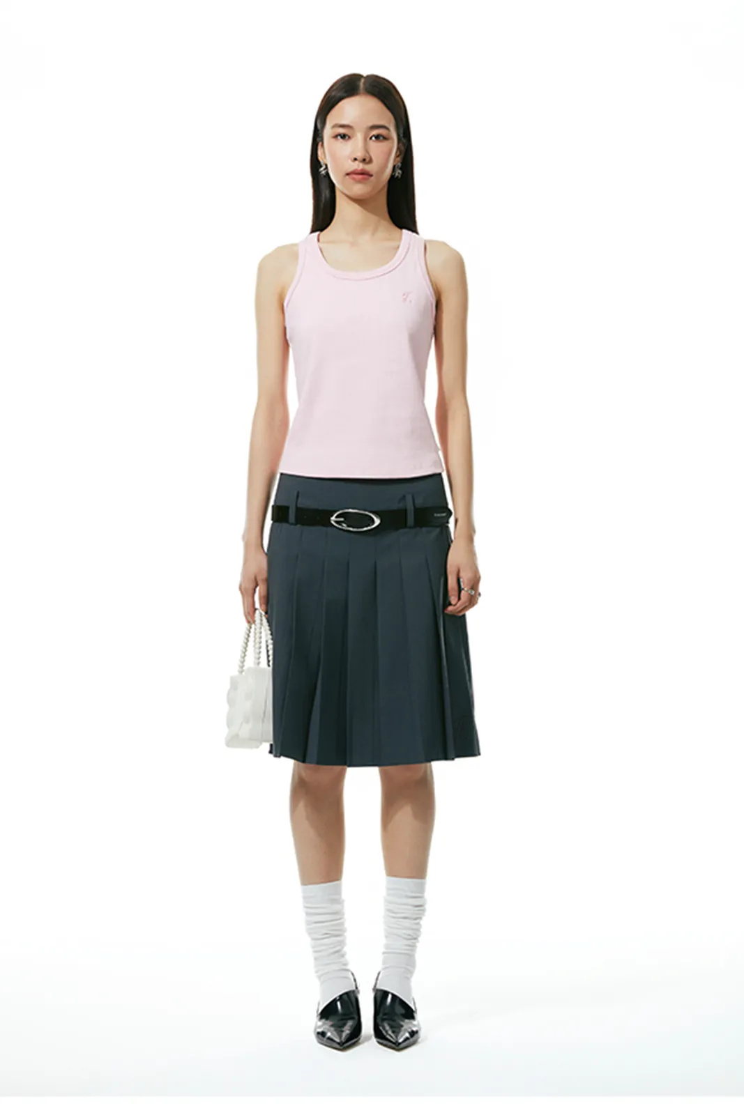midi-length pleated skirt