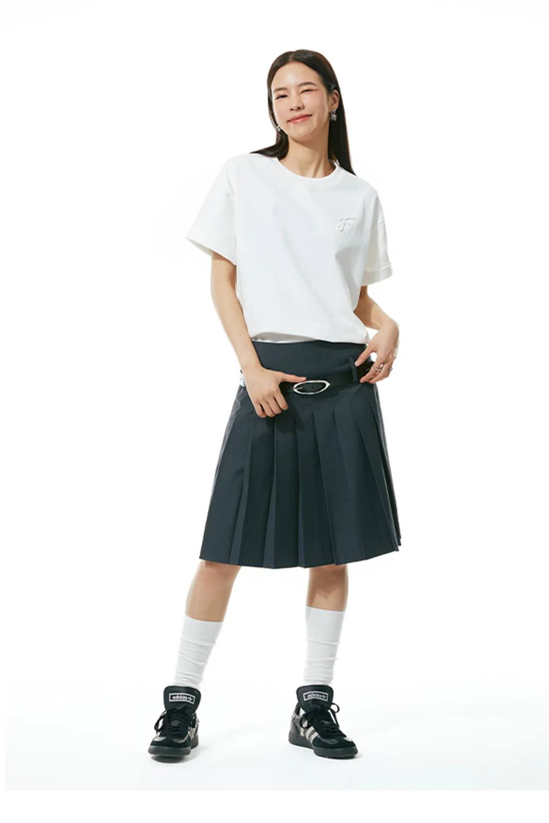 midi-length pleated skirt